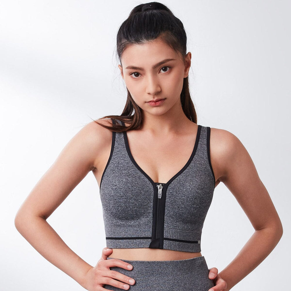 Sustainable Seamless Knit REherbafoam™ & REextraSkin™ Medium Impact Zip Front Sports Bra Sports Bra Her own words SPORTS Black Heather 70B 